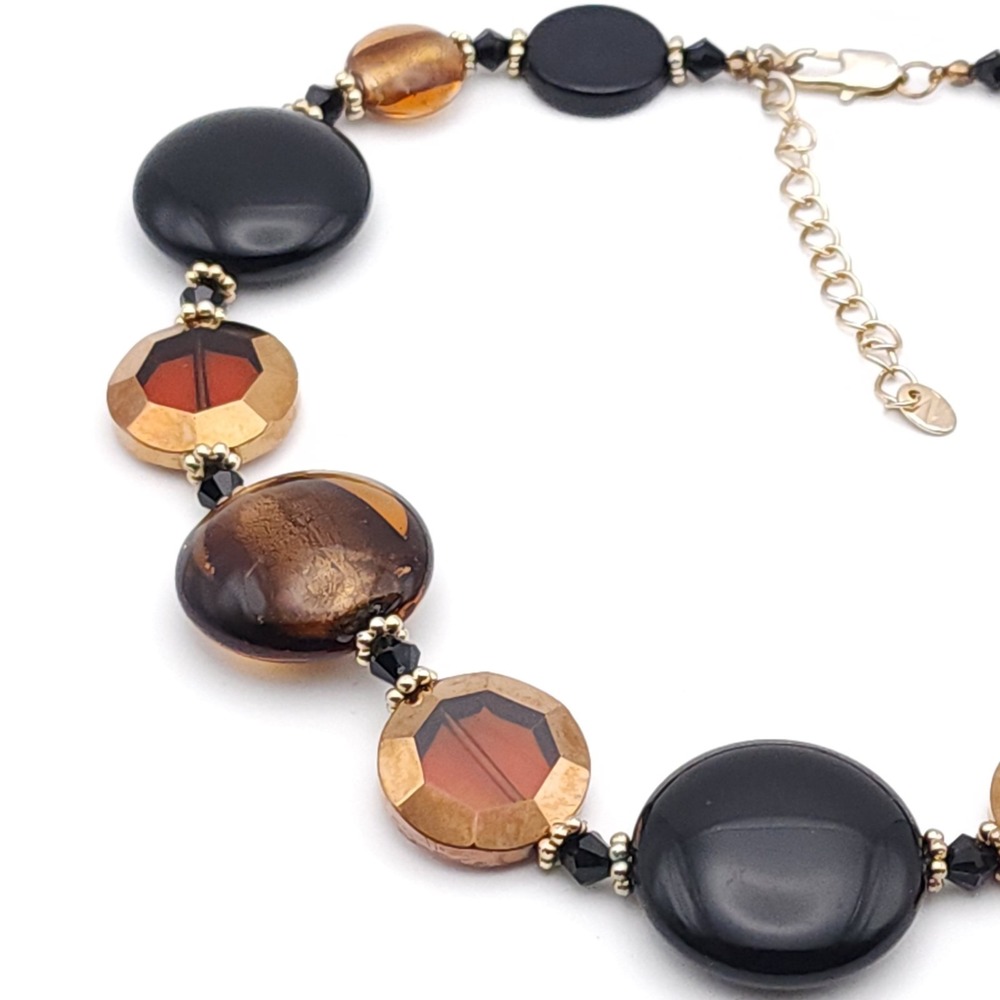 Vintage‎ Napier Black Amber Beaded Necklace Chunky Gold Tone - Picture 2 of 8